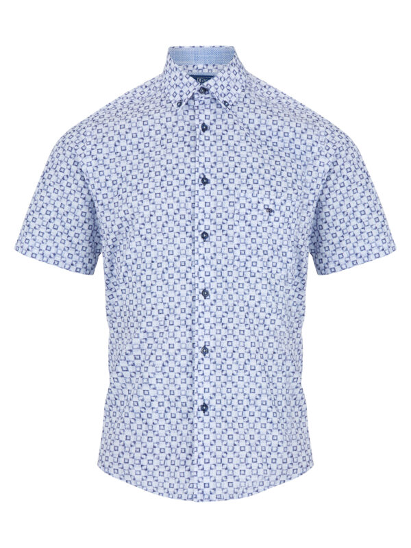 Douglas and Grahame Blue Printed Half Sleeve Button Down Collar Shirt.