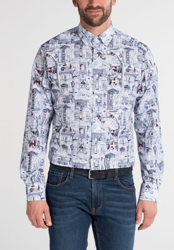 Eterna Multicoloured Printed Cotton Long Sleeve Shirt. Modern Fit. Sizes 17" and 19"