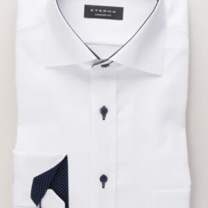Eterna 100% Cotton Oxford White Shirt with Contrast Trim. Long Sleeve. Comfort Fit.
